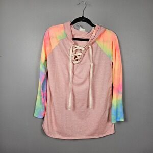 BiBi Womens L Lace Up Hoodie Tie Dye Sleeve Casual Boho‎ Festival Pink Top